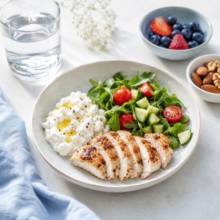 Μικρό θρεπτικό γεύμα με κοτόπουλο, cottage cheese, σαλάτα, φρούτα, ξηρούς καρπούς και νερό για διατροφή κατά τη διάρκεια θεραπείας με GLP-1